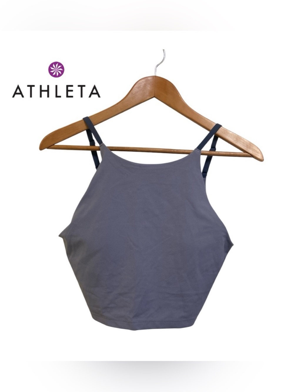 Athleta blue/purple Cropped Sports Bra, high neck and open back